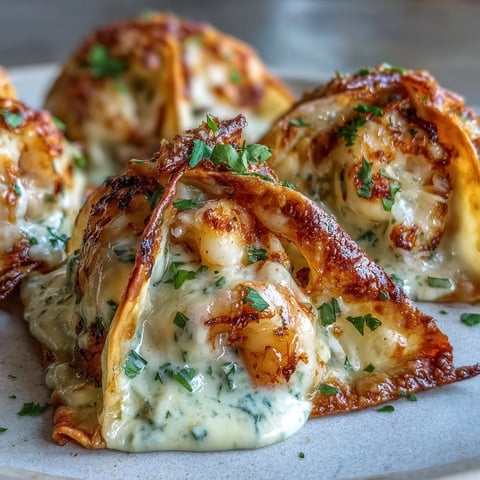 Golden-baked Cheesy Seafood Tortilla Bombs rest in a white dish, smothered in creamy garlic sauce and fresh parsley garnish.