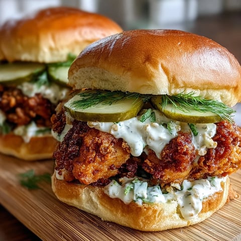 Golden-brown Nashville Hot Chicken Sliders sit on a plate with dill pickle aioli drizzling down the crispy chicken.