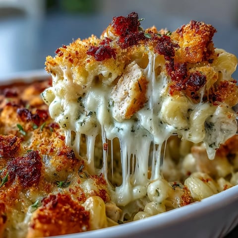 Golden brown, bubbly Baked Pesto Chicken Mac & Cheese fresh from the oven, featuring crispy panko crumbs on top.