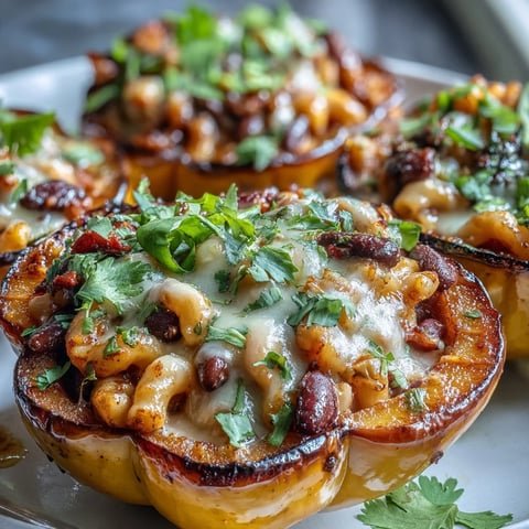 Roasted acorn squash halves brimming with creamy hot honey chili mac, topped with melty cheddar and a cilantro garnish.