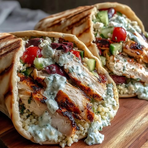 Warm Greek Chicken Feta Stuffed Pitas overflowing with fresh salad and creamy tzatziki on a plate.