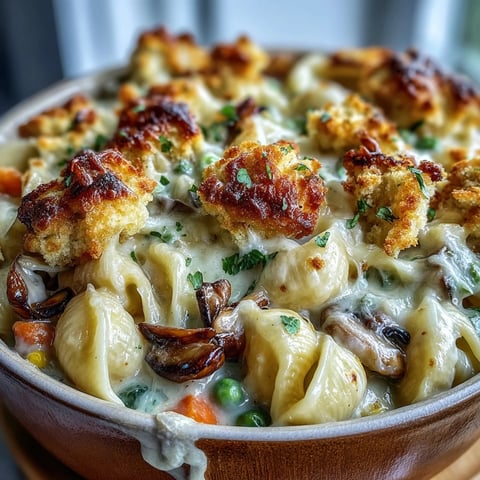 Golden brown biscuit crumbs top a steaming pot of Creamy Veggie Pot Pie Pasta with peas and carrots.