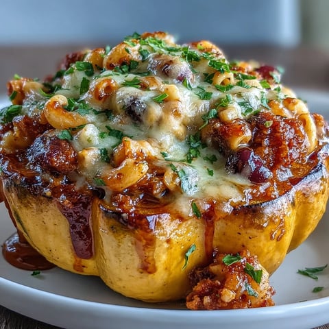 Golden roasted acorn squash halves are generously stuffed with cheesy chili mac and drizzled with spicy hot honey.