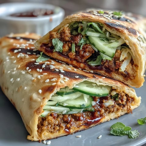 Golden brown naan pockets stuffed with Korean turkey, crisp cucumbers, and drizzled with spicy gochujang mayo.