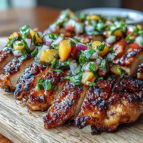 Grilled Chicken with Peach Basil Salsa served on a plate with a fork and knife, ready to enjoy.