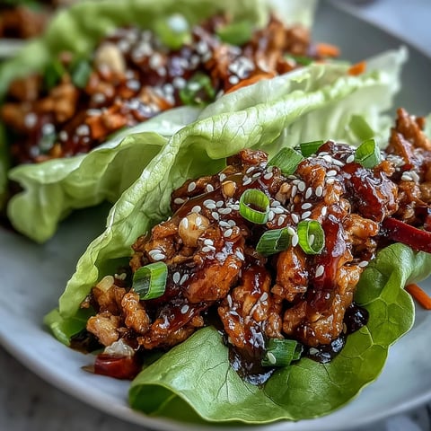Freshly sautéed Asian Chicken Lettuce Wraps filled with crunchy red peppers and carrots, drizzled with glossy hoisin sauce.
