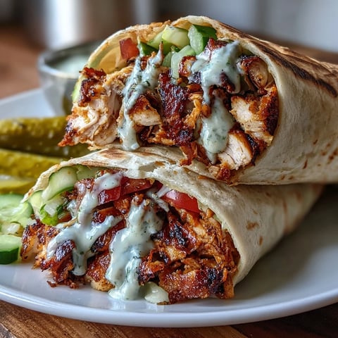 Chicken shawarma wrap with grilled marinated chicken, creamy garlic sauce, fresh vegetables, and tangy pickles in soft pita bread.  