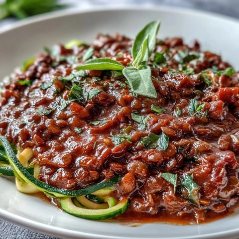 A vibrant bowl of Vegan Lentil Bolognese served over spiralized zucchini and carrots, topped with fresh herbs and a sprinkle of nutritional yeast.  