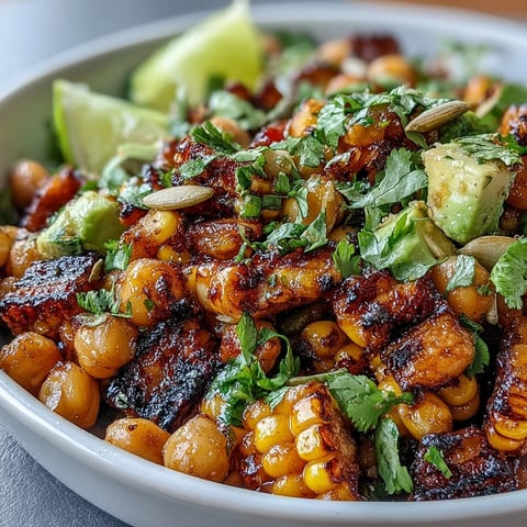 A vibrant bowl of vegan chili lime street corn salad with chickpeas, topped with fresh cilantro and diced avocado.  