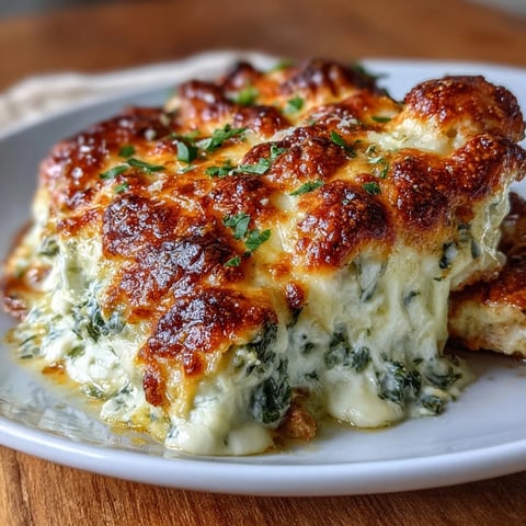 Keto Spinach Artichoke Chicken Bake with golden melted cheese and creamy spinach artichoke topping.