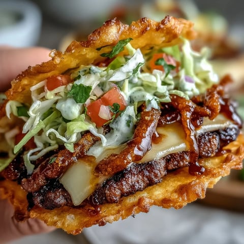 Crispy mini smash burger tacos loaded with juicy beef, melty cheese, and fresh toppings for a fun party bite.