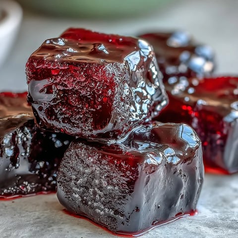 Chewy black currant and licorice candy arranged on a rustic wooden board, dusted with powdered sugar.  