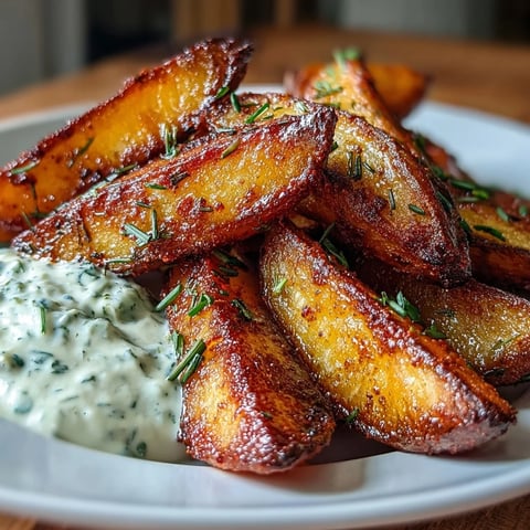 Crispy air-fried potato wedges with golden edges, served with a creamy spring onion dip for dipping.  