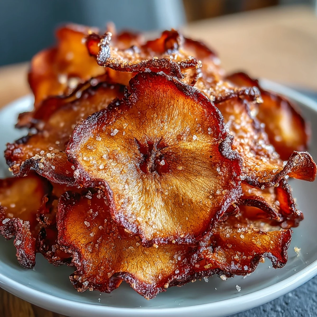 Golden air fryer apple chips dusted with cinnamon sugar, perfect for a healthy snack or lunchbox treat.  