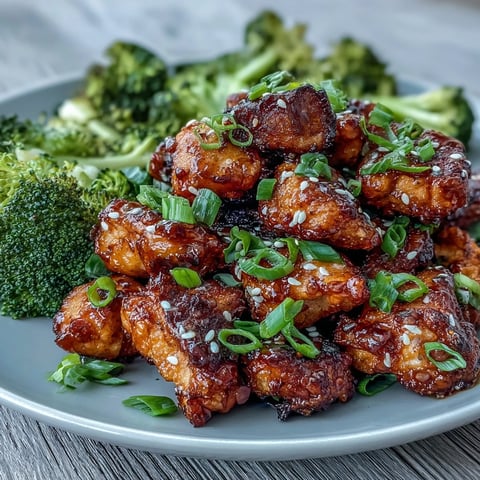 Air Fryer Honey Garlic Chicken Bites with Broccoli, golden and glazed, served over crisp-tender air-fried broccoli for a healthy dinner.