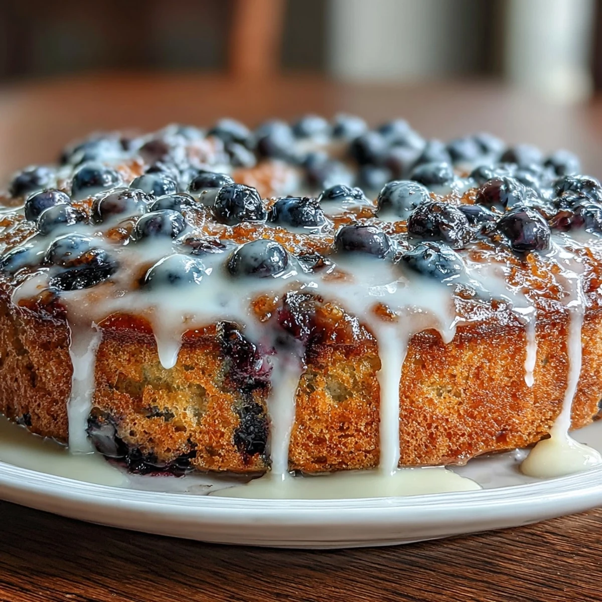 A golden skillet cake with tangy lemon zest and juicy blueberries, baked to perfection and drizzled with sweet lemon icing.