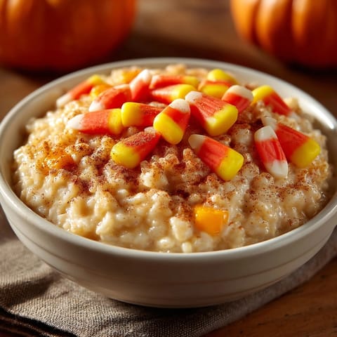 Homemade pumpkin spice rice pudding simmering on stove, comforting aroma, sweet treat.