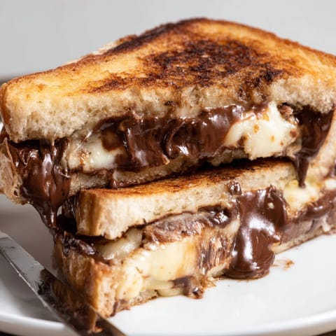 Close-up of a gooey Nutella Brie Grilled Cheese, the sweet, nutty chocolate contrasting creamy cheese.