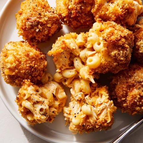 Close-up of Mac and Cheese Buffalo Chicken Balls, hot and freshly fried.