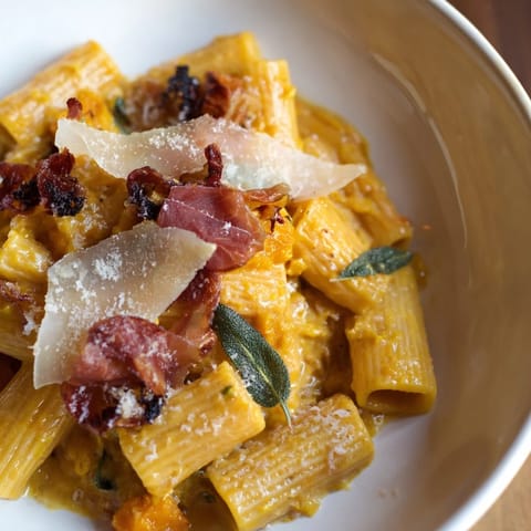 Creamy pumpkin pasta topped with crunchy prosciutto and fresh sage leaves.  
