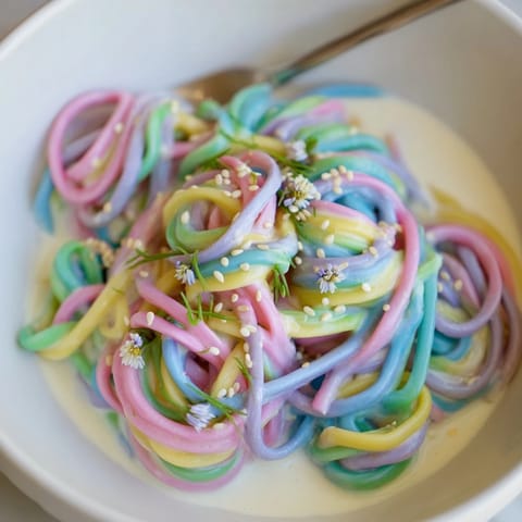 Colorful Neon Noodle Cloud dish showcasing whimsical hues, perfect for cheerful gatherings.  