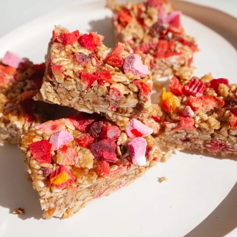Homemade gummies and freeze-dried candy on a nutritious oat base for snacking bliss.  
