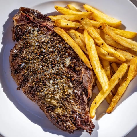 Perfectly cooked Classic Peppercorn Ribeye, seared to a delicious crust, served with a side of fries.