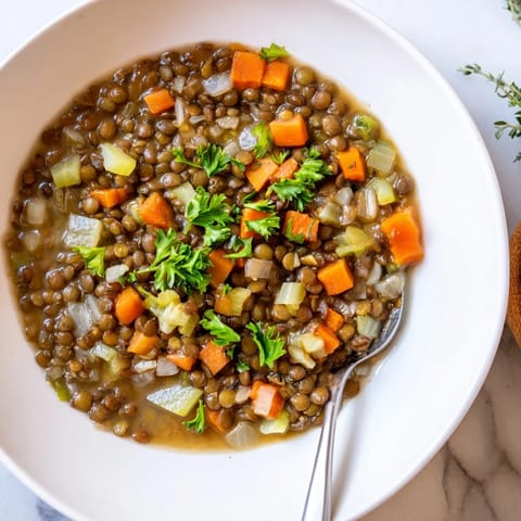 A vibrant close-up reveals the hearty Lentil Soup, a comforting blend of vegetables and lentils.