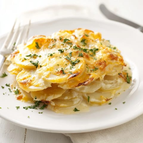 Golden-brown Cheesy Scalloped Potatoes bubbling in a baking dish, a classic comforting side dish.