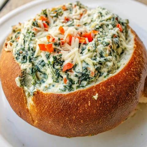 Creamy, cheesy Express Holiday Spinach Dip with vibrant red peppers served in a crusty bread.