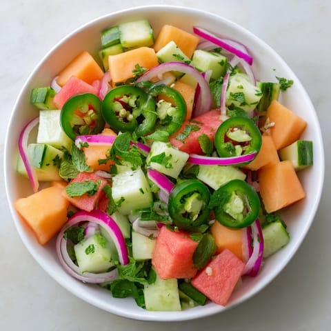 Close-up of a Cucumber and Watermelon Hot Girl Salad, showcasing the bright colors and textures of the ingredients.