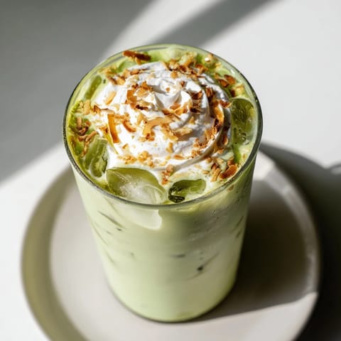 Golden toasted coconut sprinkled atop a vibrant green Toasted Coconut Gingerbread Iced Matcha drink.