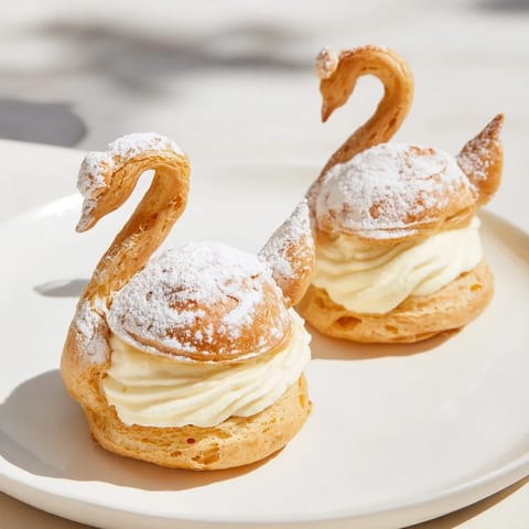 Delicate Feathered Friend Swan Pastry Platter, featuring golden swan shapes filled with creamy vanilla pastry.