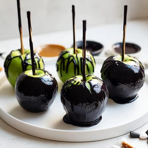 This Poison Apple recipe presents glistening, black candied apples surrounded by chocolate and spooky sweets for guests.