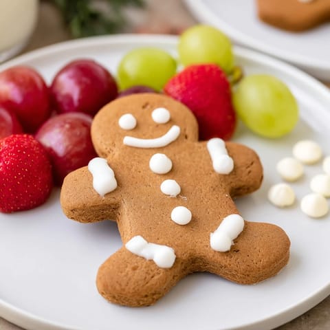 A delicious scene: a gingerbread man cookie board filled with colorful candies and fresh berries.