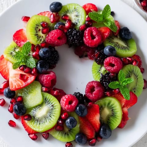 A colorful holiday fruit plate showcases a kiwi and berry wreath, perfect for a light, healthy snack.