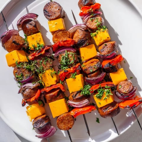 Grilled Savory Skewers: Chimney Stack Sausage and Cheese, with melting cheese and colorful peppers.