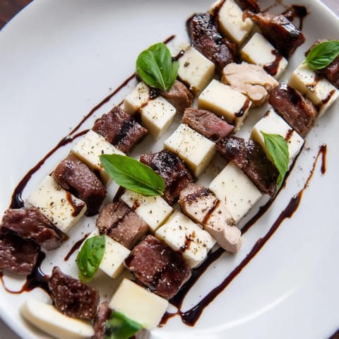 Vibrant image of The Safari Stripes with alternating cheese and beef, chicken strips, drizzled with glaze.