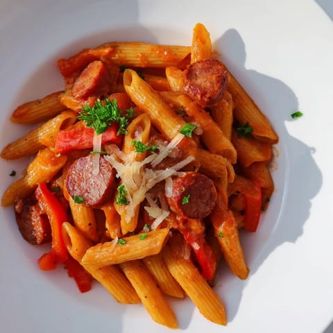 Close-up of savory Spanish chorizo pasta, showing the spicy sausage and colorful tomatoes in a warm, comforting dish.