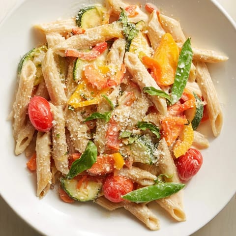 A close-up of One-Pot Creamy Pasta Primavera reveals a rich, creamy sauce coating the penne pasta.