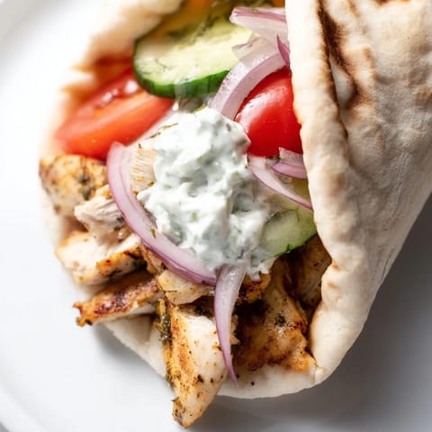 Freshly assembled Greek Chicken Wrap ingredients, including seasoned grilled chicken strips, cool cucumber, and vibrant red tomato, ready to be wrapped in warm pita.