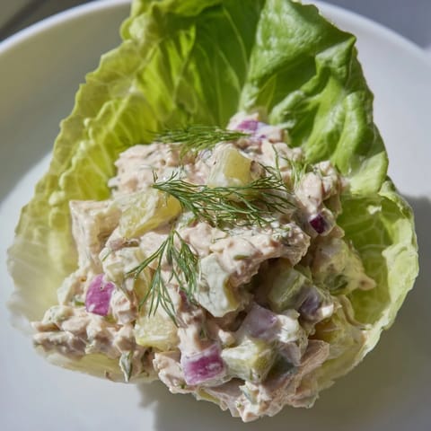 Freshly made Dill Pickle Chicken Salad Lettuce Cups are neatly arranged, showcasing creamy dressing and vibrant red onion specks.