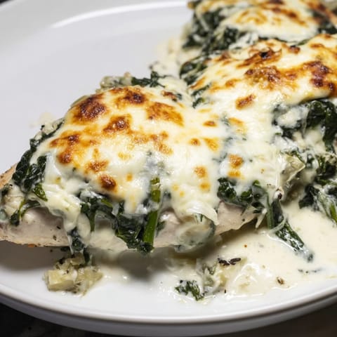 Close-up of tender chicken breasts smothered in spinach and artichoke yogurt topping, ready to serve.