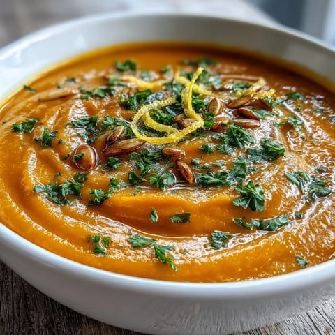 Bright orange Carrot Ginger Soup is ladled into a white bowl, garnished with fresh cilantro and a swirl of coconut milk.