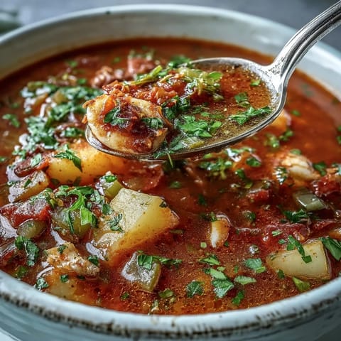 Steaming bowl of homemade Manhattan Clam Chowder, loaded with diced potatoes, carrots, celery, and tender clams in a rich red broth.