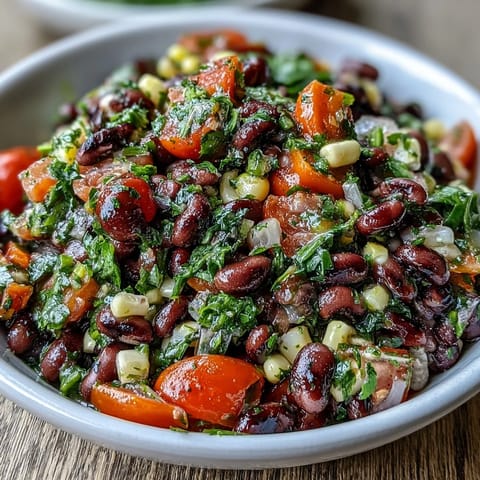 Colorful Cowboy Caviar served in a bowl with tortilla chips for dipping, featuring black beans and fresh vegetables.