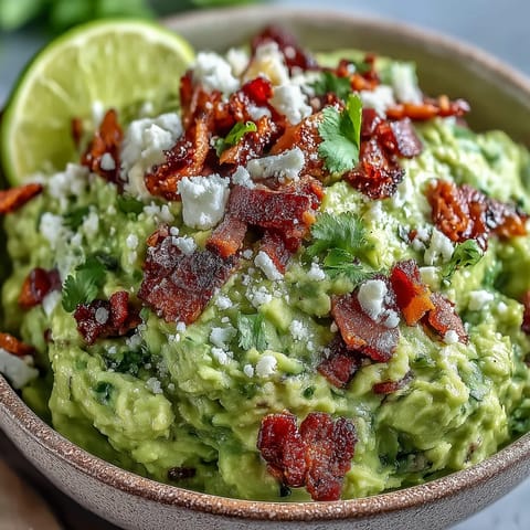 Thick tortilla chips dip into creamy Bacon Guacamole with Cotija cheese and lime wedges on a wooden board.
