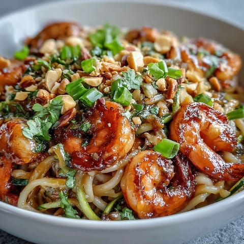 A close-up of the Asian Noodle Bowl shows fresh cilantro and chopped peanuts sprinkled over colorful veggies and sauce.