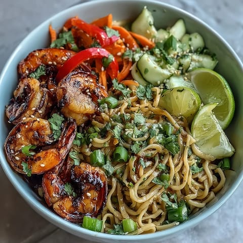 Steam rises from the 15-Minute Asian Noodle Bowl as grilled shrimp and fresh lime wedges rest on top of sesame noodles.
