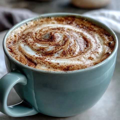 A cozy cup of hojicha cappuccino, its amber-brown hue complemented by a rustic wood table and a small honey dipper.